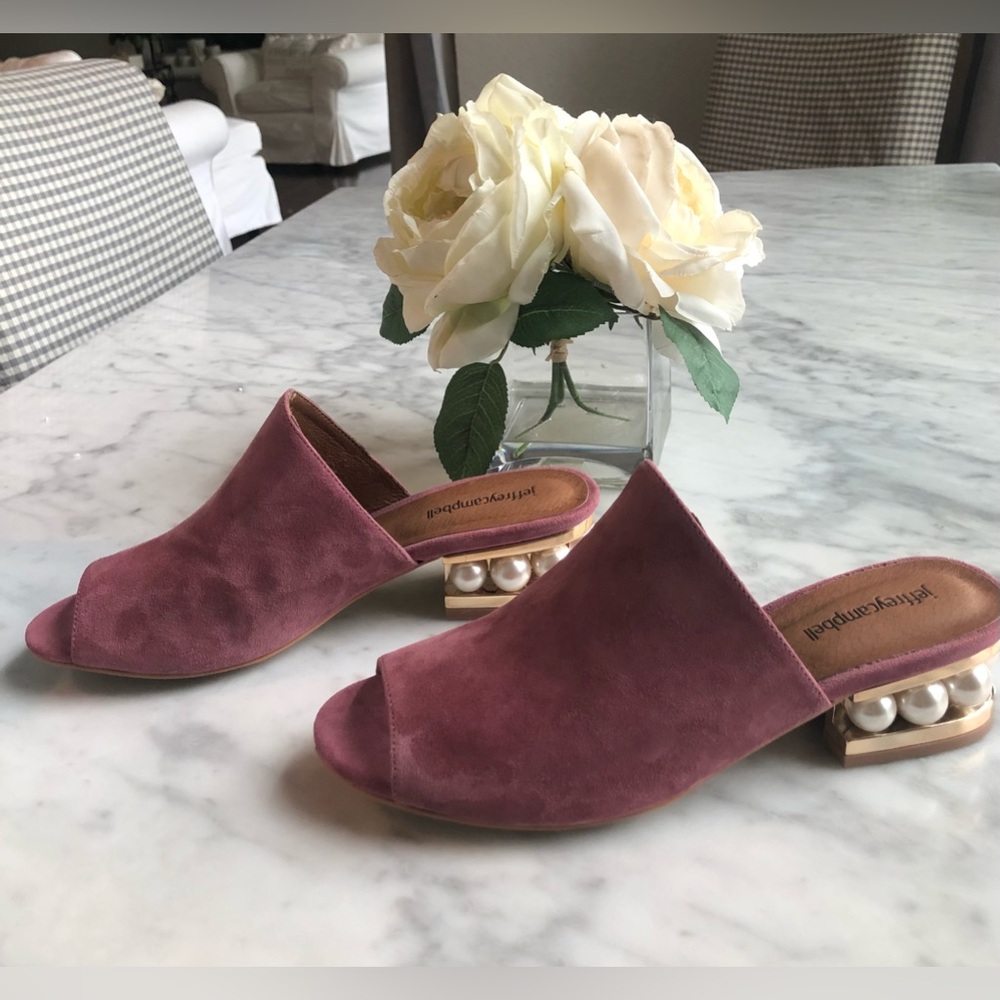 Jeffrey Campbell Arcita Mauve Suede Sandals Mules with Pearl Heels 8.5 New.